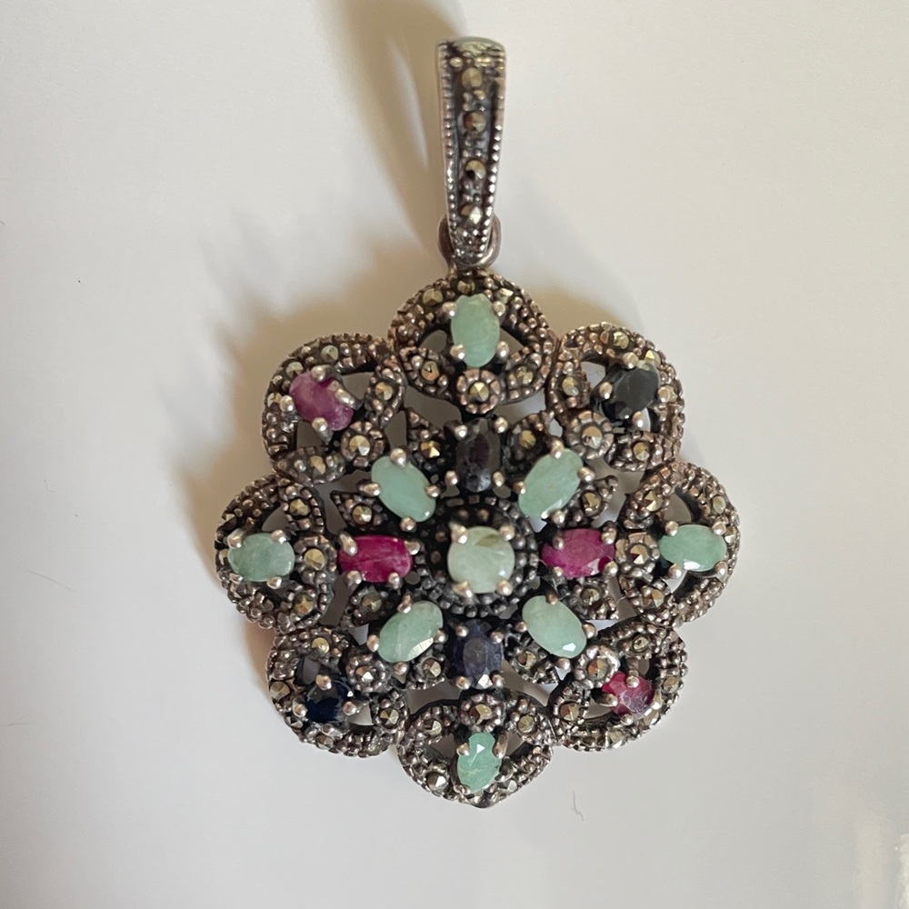 Stunning Silver Pendant with Multicolored Semi Precious Stones
